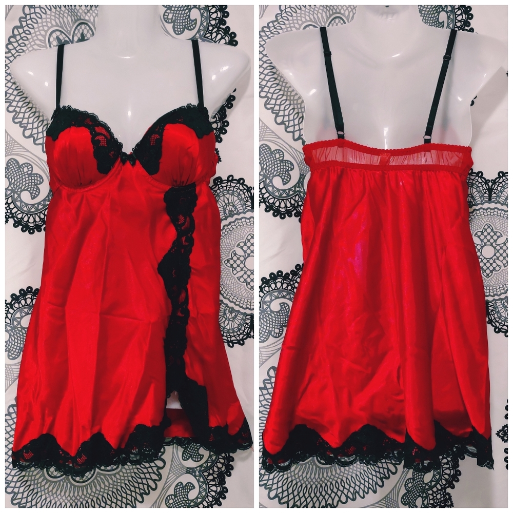 Gilligan & O’Malley Sexy Gothic Red Black Lace Satin Bustier Babydoll Nightie Sm